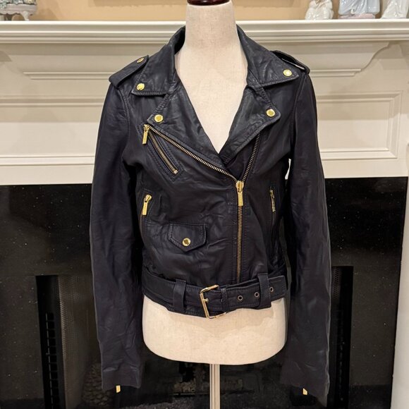 Michael Michael Kors Deep Navy Blue Leather Moto Jacket - Size Medium - Picture 1 of 15